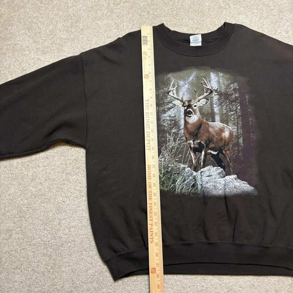 Deer Sweatshirt Mens XL Brown Buck Nature Forest Graphic Fleece Crewneck Hunting